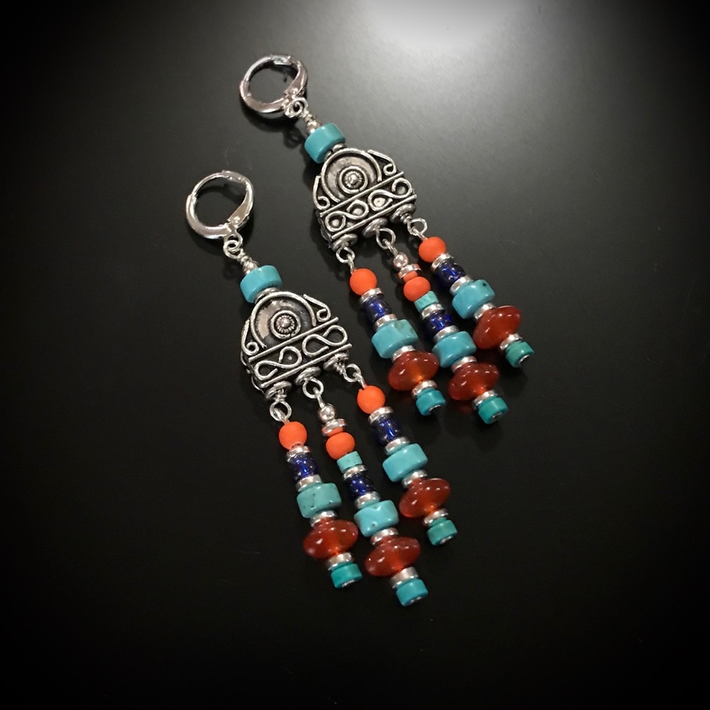 OOAK Solid Sterling, Turquoise, Carnelian Earrings